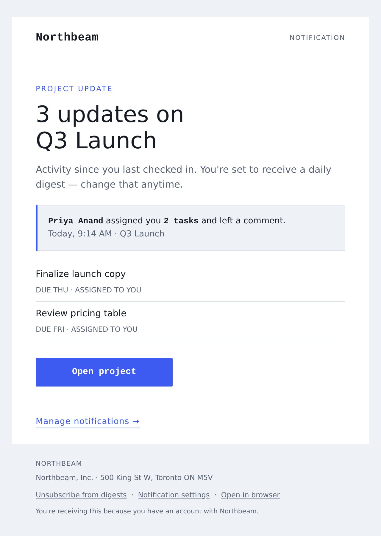 North Studio Notification email preview · New activity on Q3 Launch