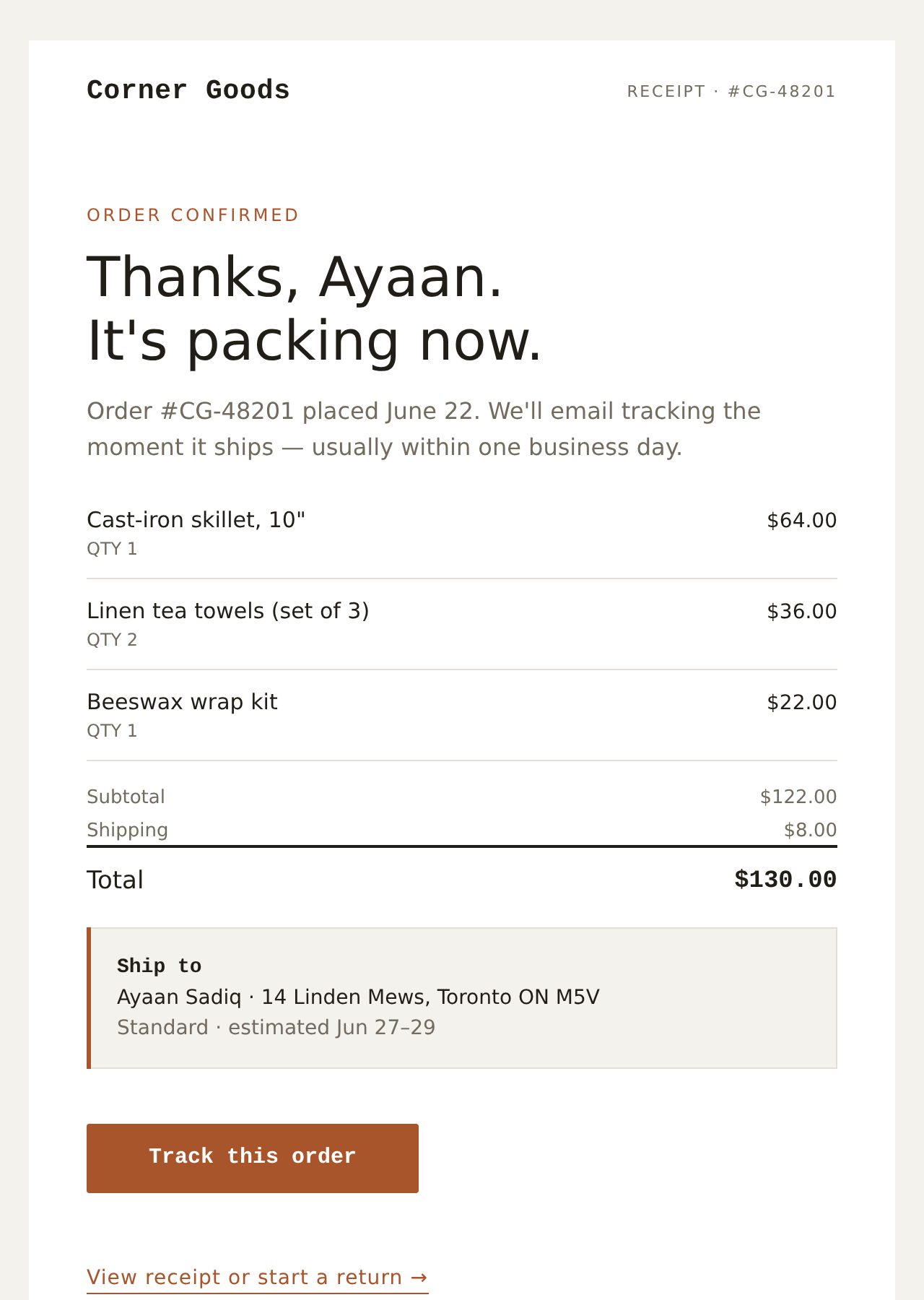 Cedar & Grain Transactional email preview · Order #CG-48201 confirmed
