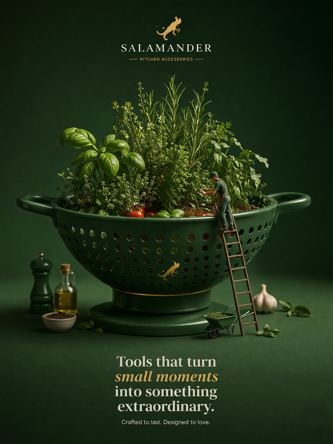 Salamander Kitchen Accessories campaign poster, a green ceramic colander filled with herbs and a tiny figure climbing a ladder