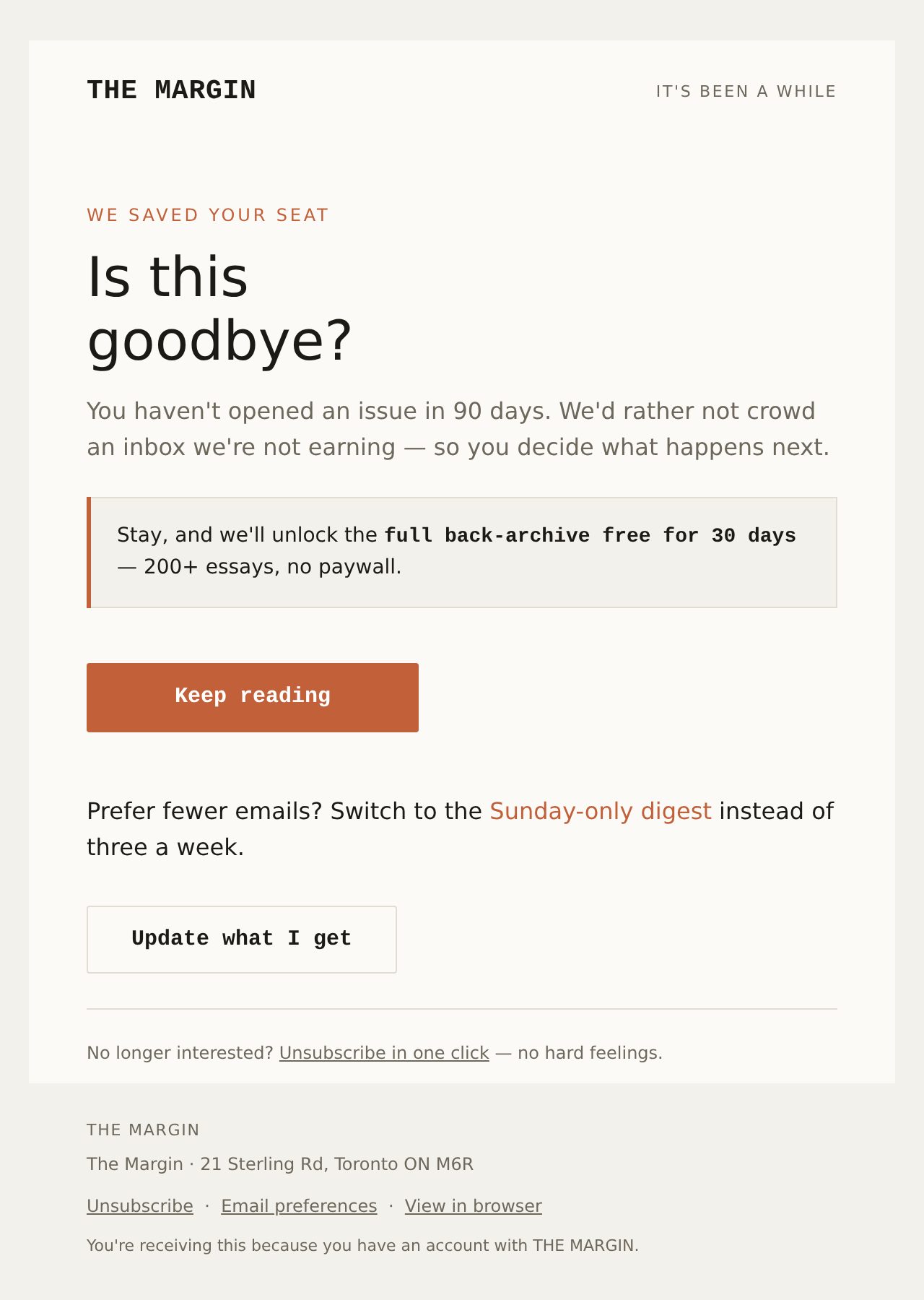 The Margin Re-engagement email preview · Still want The Margin?