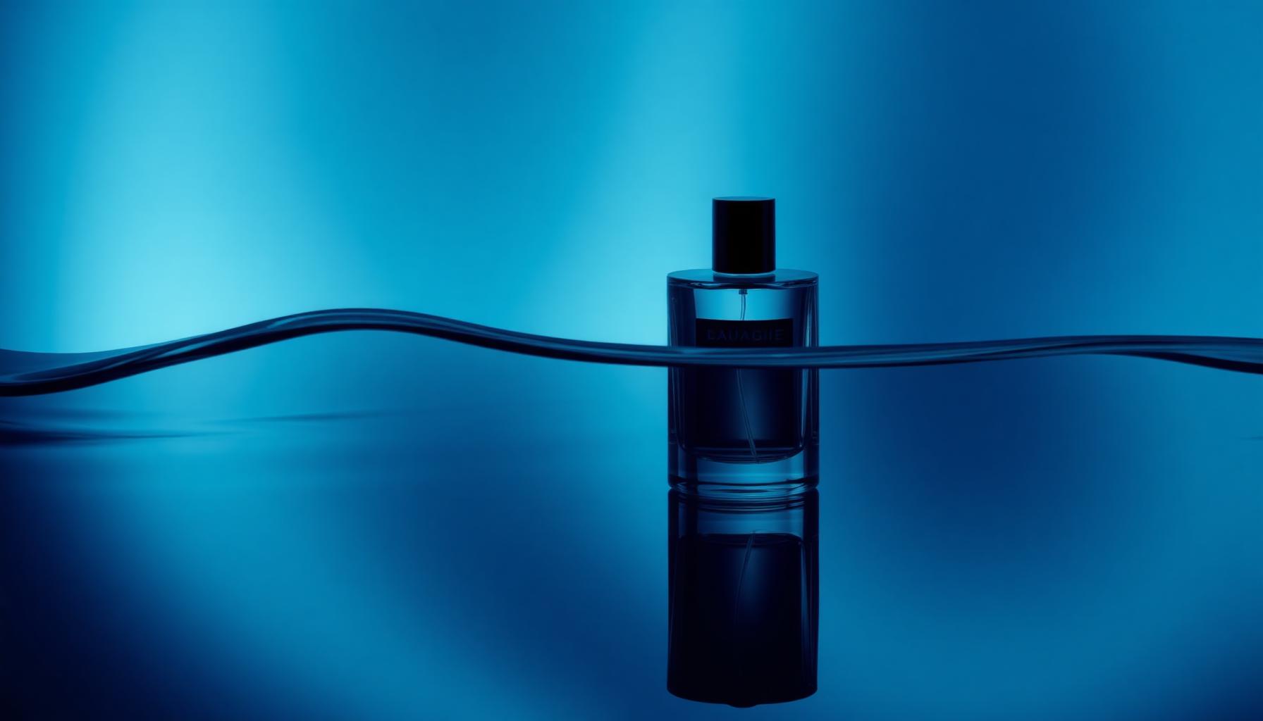 Deep blue fragrance bottle reflected in still water.