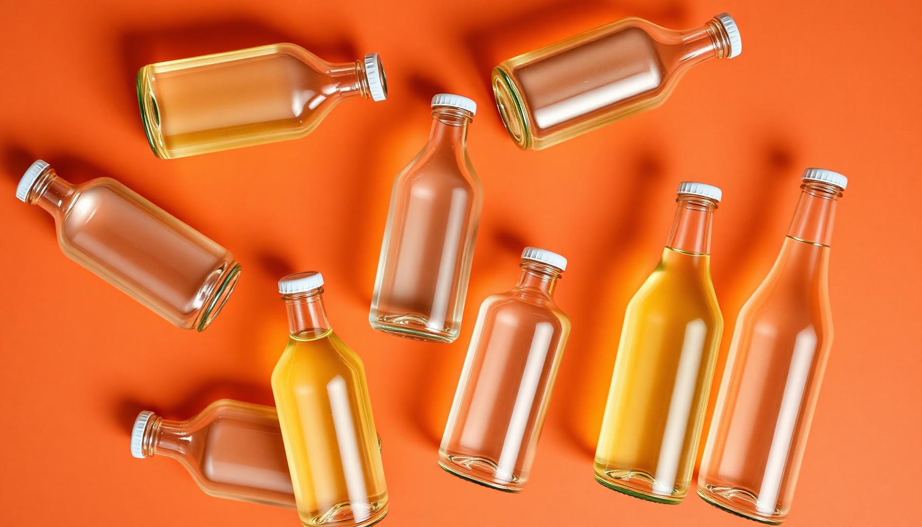 Overhead arrangement of unlabeled glass beverage bottles on a warm terracotta backdrop.
