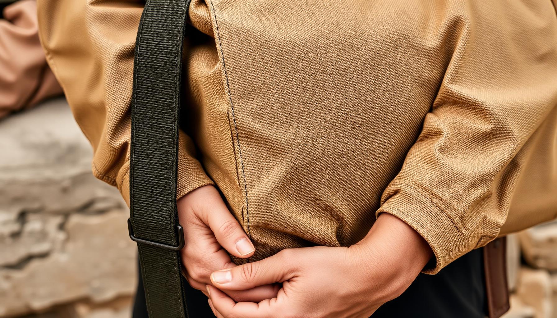 Close-up of canvas bag and webbing strap in natural light.