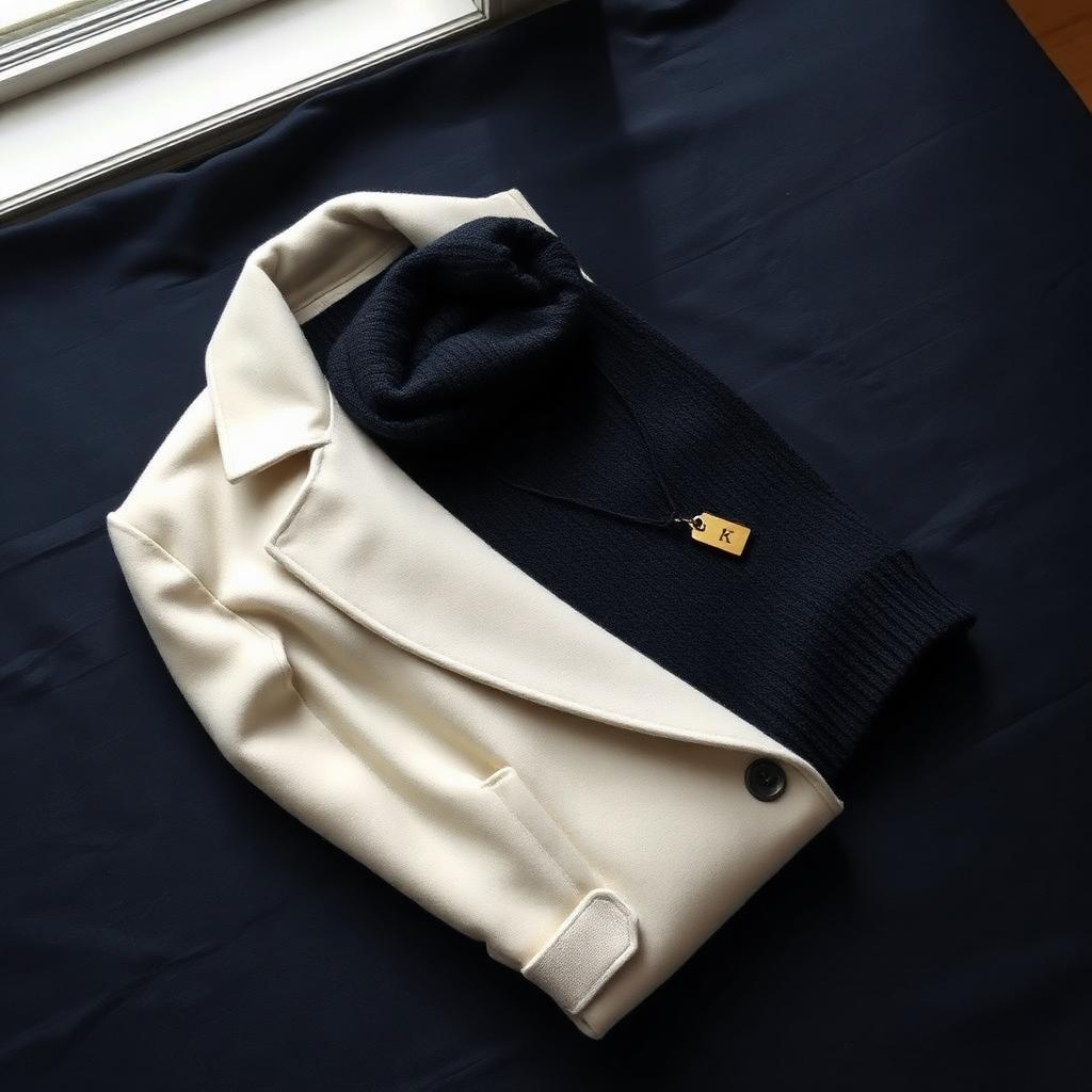 Folded ivory wool coat and charcoal knit on deep navy linen with a small brass tag in soft window light, cover for Klothique, a self-initiated quiet-luxury passion project.
