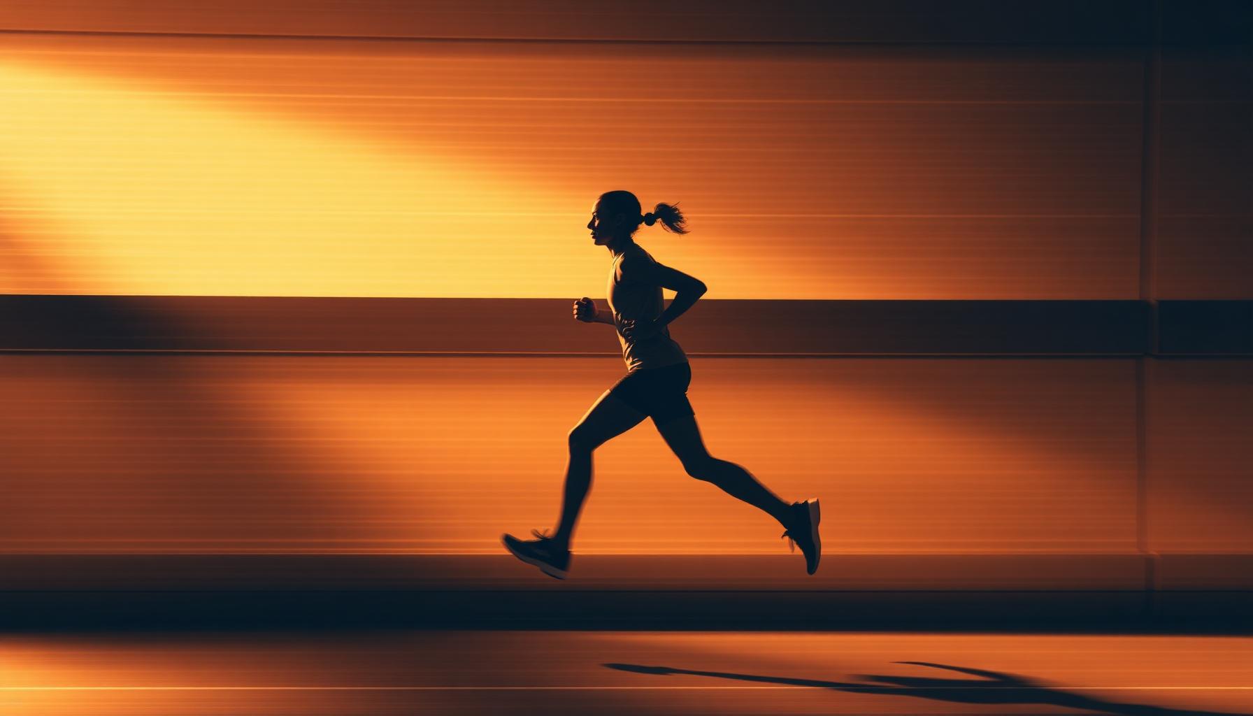 Runner in motion blur at golden hour, evoking momentum.