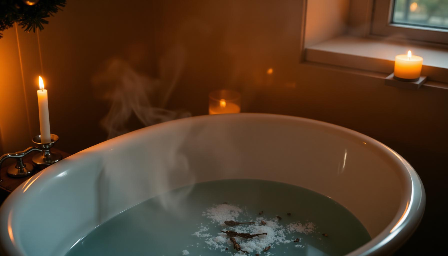 Candlelit bathtub with rising steam and scattered bath salts.