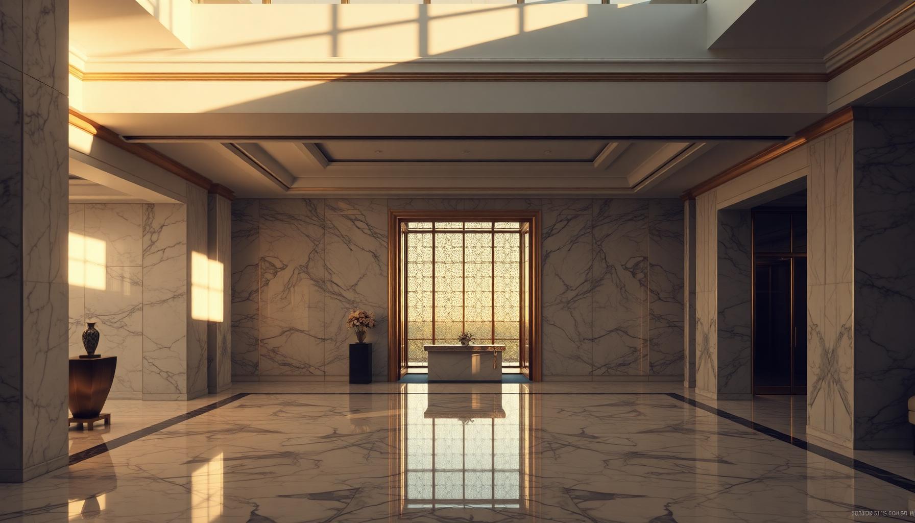 Marble hotel lobby with afternoon light and brass detailing.