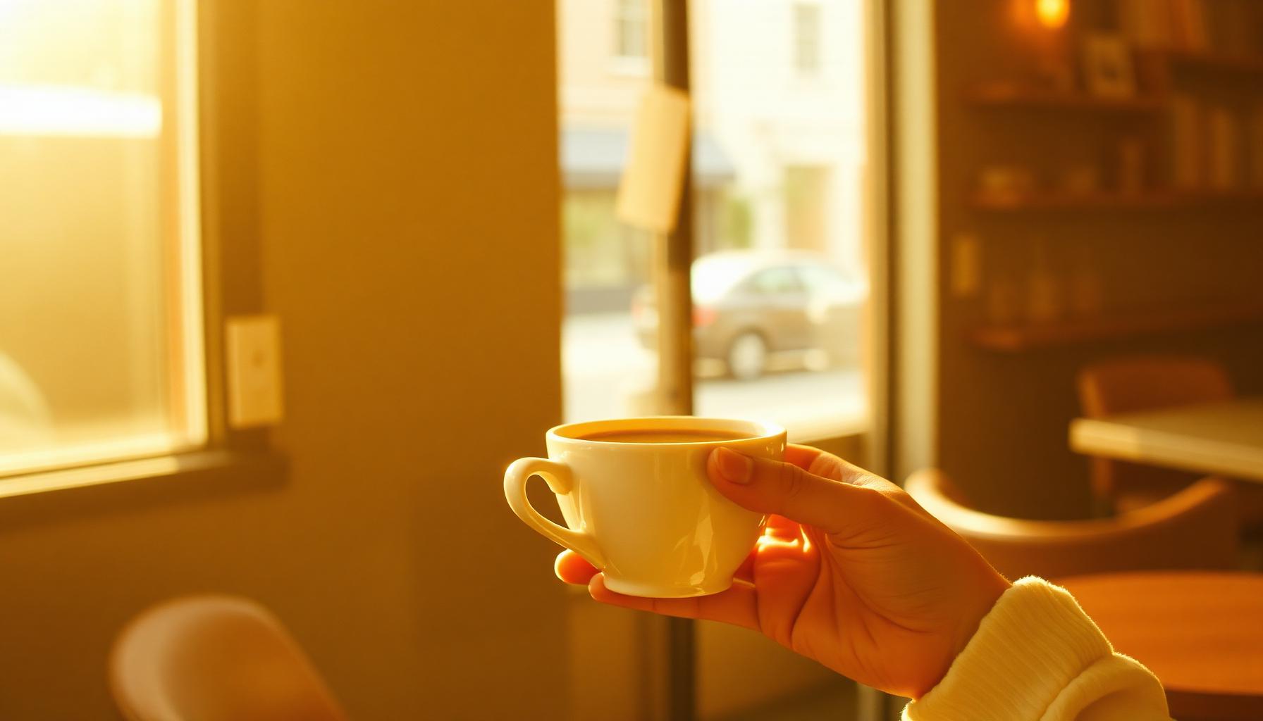 Hand holding a ceramic coffee cup in soft morning light.