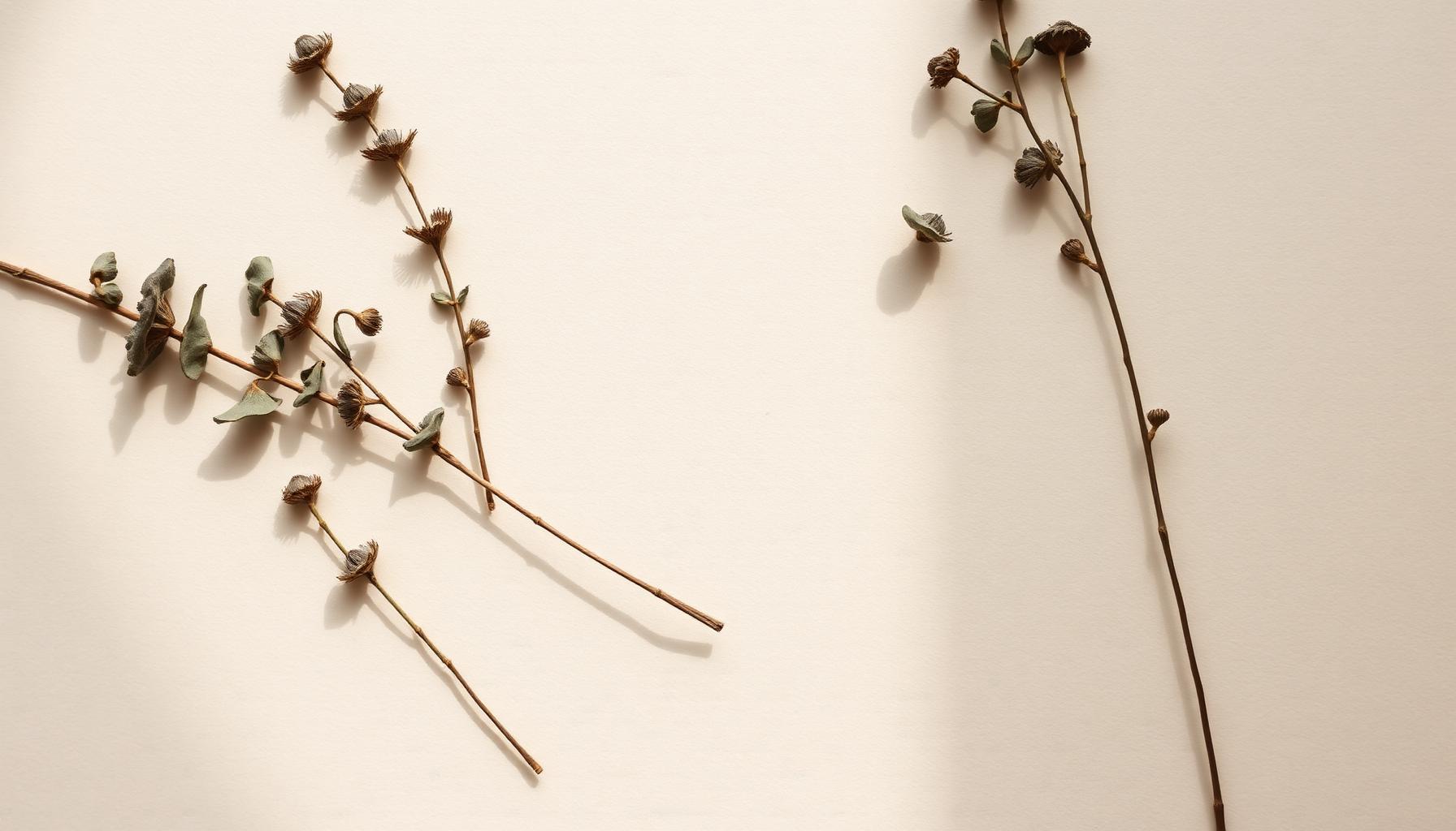 Dried botanical sprigs arranged on textured bone paper.
